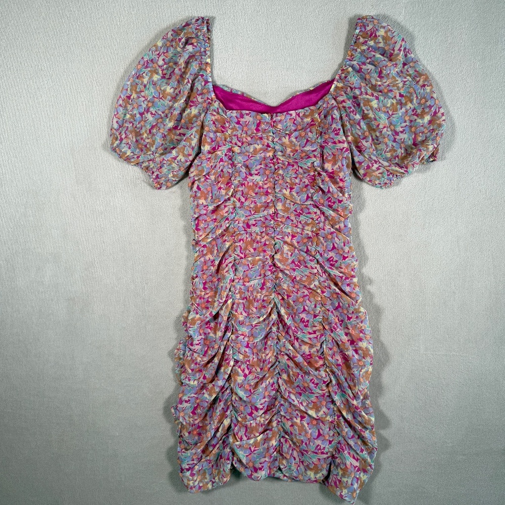 Lush Dress Womens Medium Floral Multicolor Ruched Puff Sleeve Sweetheart Mini - Picture 4 of 12